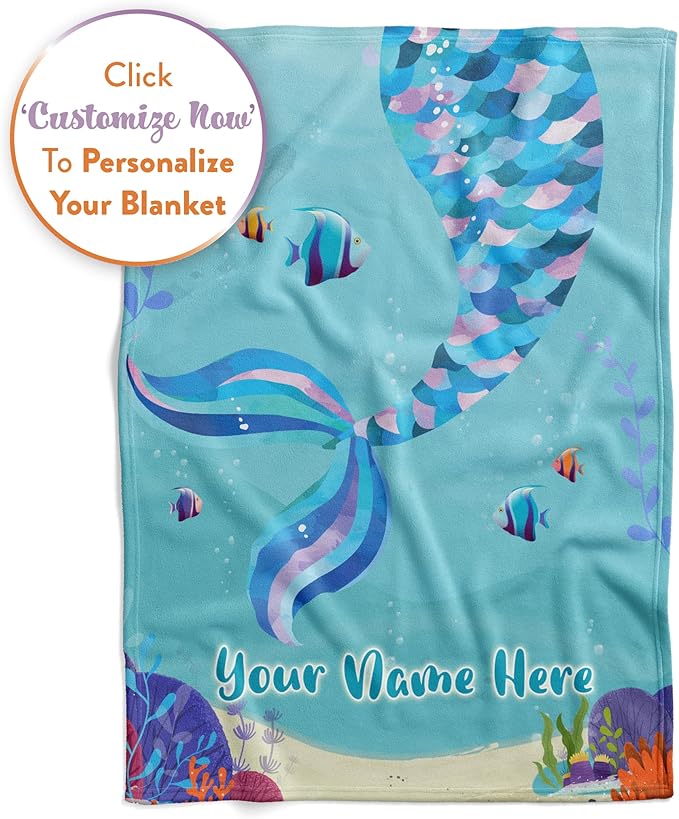 Personalized Mermaid Blanket for Girls | Kids Unicorn | Custom Plush Fuzzy Unicorns for Toddler | Customized Little Girl Throw Blankets | Baby Girl Sofa Bed Birthday (Fleece – 50x60)