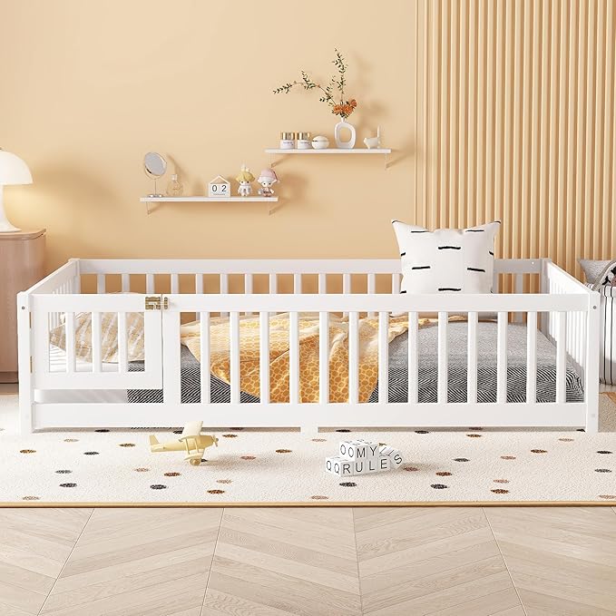 Harper & Bright Designs Full Floor Bed with Safety High Fence, Wood Montessori Bed with Door, Full Size Floor Beds with Solid Wood Support Slats for Boys, Girls, Kids, White