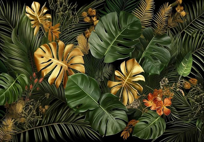Gold and Green Monstera Leaf Wallpaper Tropical Jungle Banana Leaves Wall Mural for Living Room Bedroom (Not Self-Adhesive)