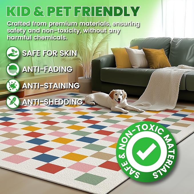 Washable Checkered Rug, 9x12 Colorful Rainbow Checkerboard Modern Boho Foldable Large Area Rugs for Living Room, Low Pile Ultra-Thin Non-Slip Indoor Carpet for Office Bedroom Diningroom Classroom