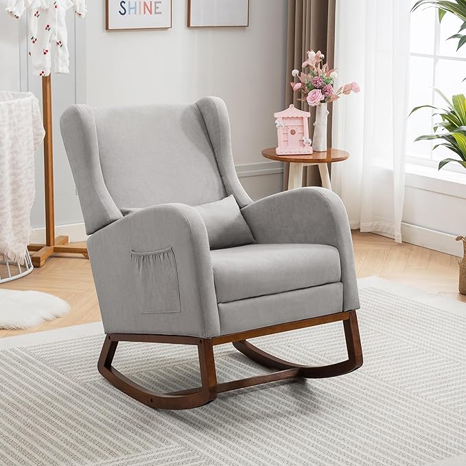 Rocking Chair Nursery Glider Chair with Foot Rest, Nursery Rocking Chairs with Rubber Wood Legs Side Pocket, High Back Nursing Chair, Accent Rocker Arm Chair Baby Bedroom, Living Room, Grey