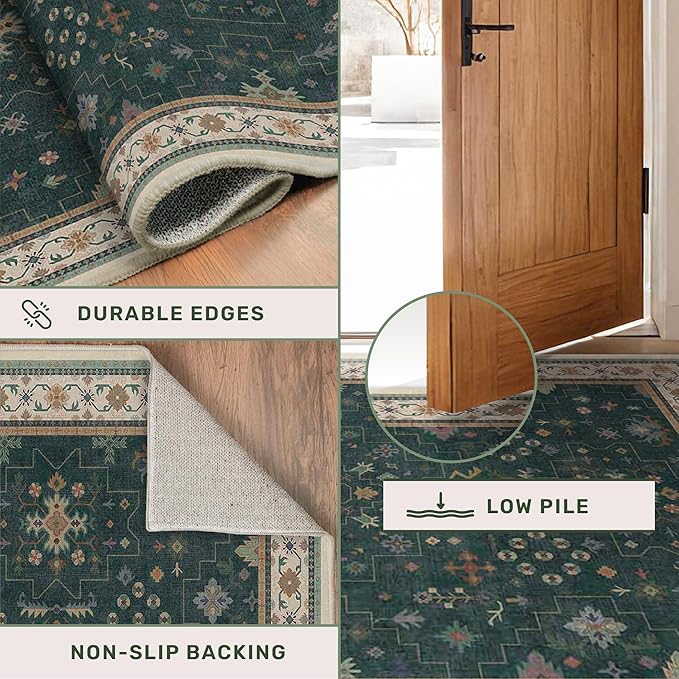 Dark Green 2x7 Kitchen Rug - Modern Vintage Boho Eclectic Floral Pastel, Washable Low Pile Non-Slip Long Runner Rugs for Hallway, Bedroom
