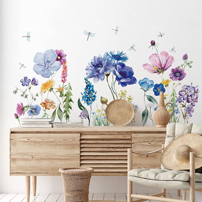 Zonon 6 Pcs Flowers Wall Decals Stickers Vinyl Removable Peel and Stick Colorful Dragonflies Floral Wall Murals Decor for Bedroom Living Room Nursery(Beautiful)