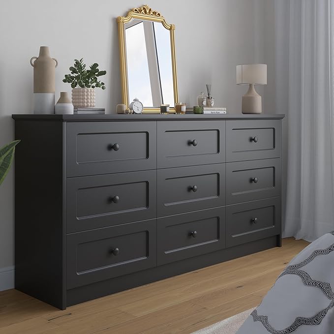 63'' W Long Modern Dresser 9 Drawers with Handles, Black Dresser & Chest of Drawers with Large Capacity Storage, Freestanding Storage Dressers for Bedroom, Living Room, Hallway (Black)