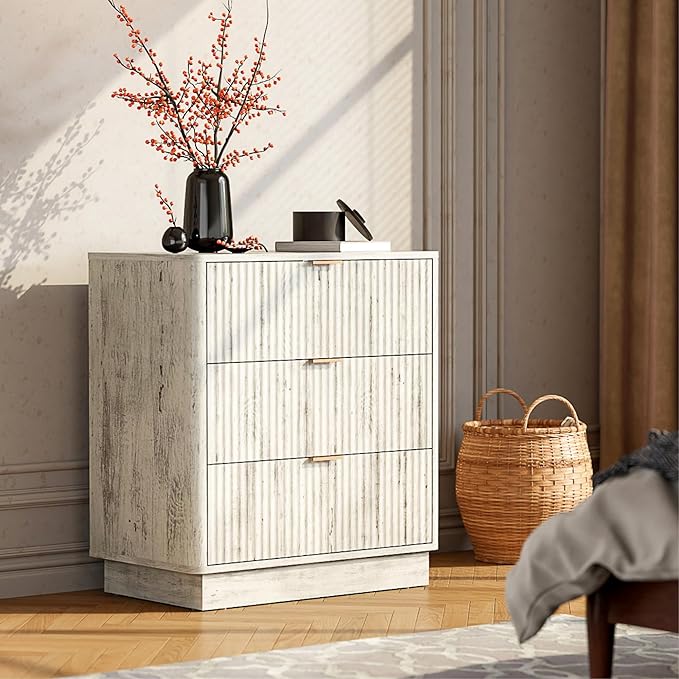 Mid Century Modern 3 Drawer Dresser for Bedroom, Fluted Wood Nightstand with Round Edge Design, Shallow Bedroom Storage for Closet, Living Room (Frosted Oak)