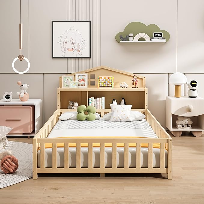 Bellemave Full Size Floor Bed for Kids, Girls, Boys, Solid Wood Montessori Bed with Storage headboard, Door, Storage,Natural