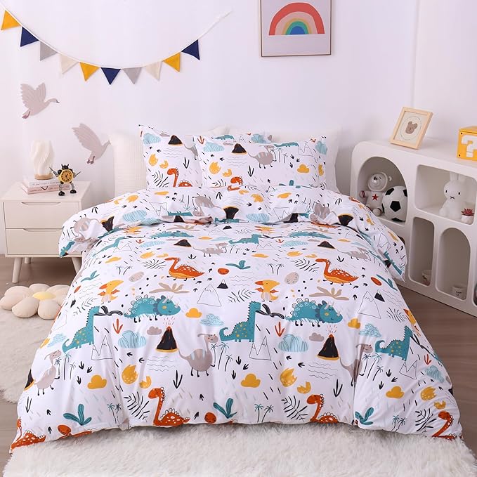 JSD Dinosaur Kids Duvet Cover Set Full Size, 3 Piece Soft Printed Microfiber Bedding Comforter Cover with Pillow Shams Zipper Closure, Comforter Not Included