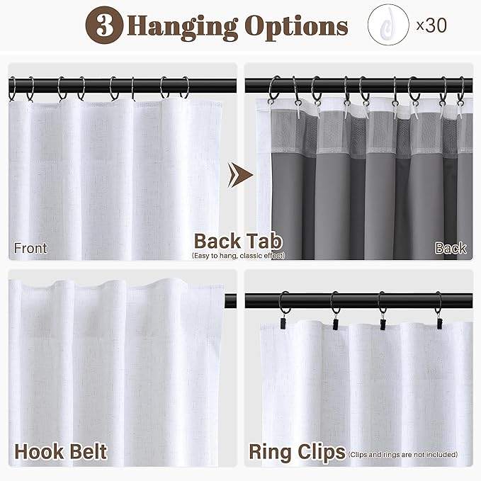 Guken Beige White 100% Blackout Linen Curtains for Living Room 96 Inches Long 2 Panels Set Hook Belt Back Tab Light Blocking Privacy Curtain for Room Divider Home Decor Bedroom Sliding Door 52x96 8Ft