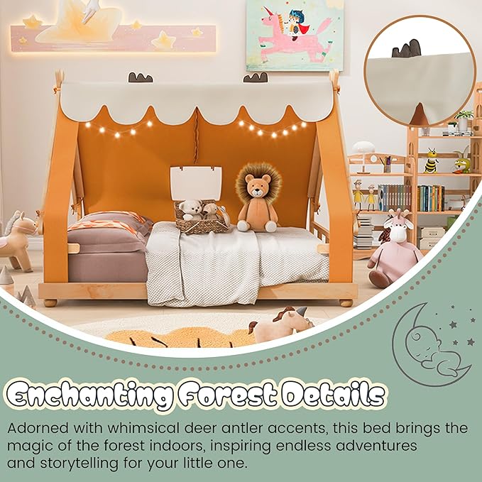 Montessori Floor Bed Full with Tent & Light, Wood Full House Beds for Kids, DIY Playhouse, Low-Profile Teepee Bed, Playful Indoor Adventure & Sleep for Girls Boys,Natural+Brown
