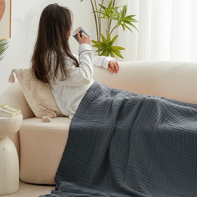 Love's cabin 6 Layer 100% Cotton Muslin Blanket, 50"x60" Throw Muslin Blanket for Couch Bed, Dark Grey Muslin Throw Blanket, Lightweight and Breathable Cotton Gauze for Adult