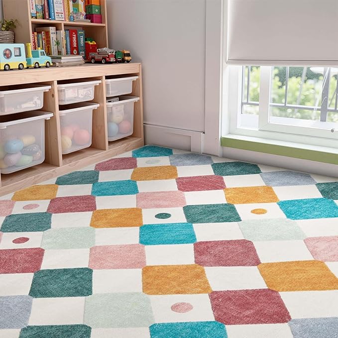jinchan Macy Area Rug 8x10 Kids Washable Rug Indoor Floor Cover Non Slip Modern Soft Rug Playroom Diamond Carpet for Elementary School Classroom Nursery Daycare Living Room Bedroom Confetti on Cream