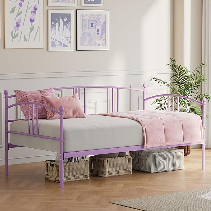 GarveeHome Twin Daybed, Sturdy Metal Day Bed with Steel Slat Support, Arched Headboard Sofa Bed for Living Room, Bedroom and Guest Room, Purple