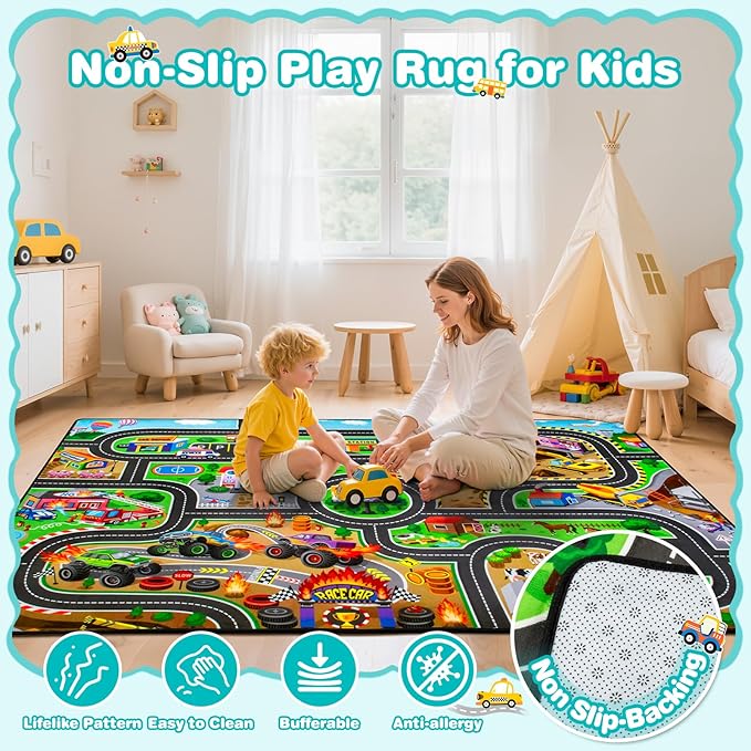 Kids Rug, 5x7 FT Non-Slip Monster Truck Play Rug, Extra Thick (0.4in), Educational LearningTraffic Road Car Carpet for Nursery, Classroom, Playroom & Bedroom