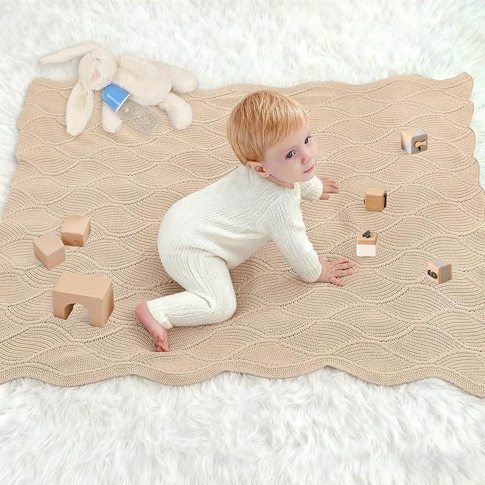 Thick Cotton Knit Baby Blanket 40x31 Inches – Soft Breathable Newborn Blanket for Boys & Girls, Wavy Pattern Receiving Blanket for Crib, Stroller, or Nursery, Gift Box for Baby Shower(Beige)
