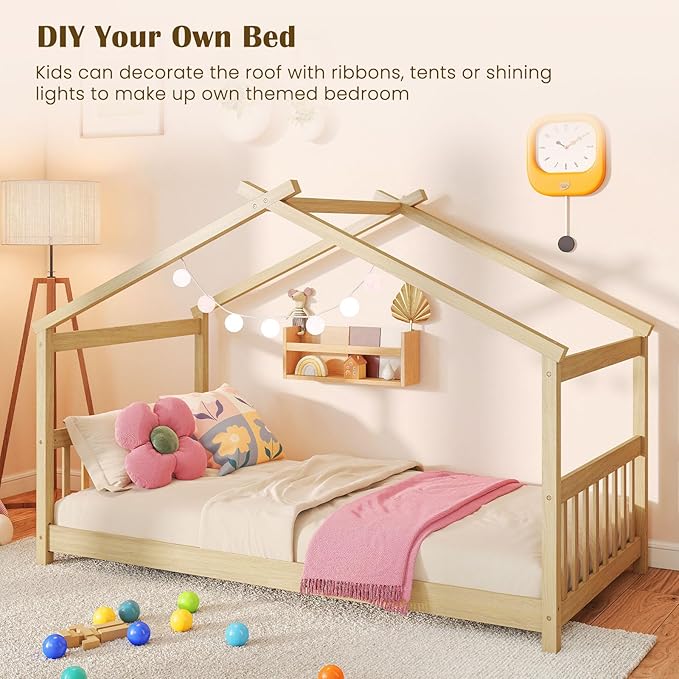 Giantex House Bed Twin, Solid Wood Kids House Bed with Roof, Headboard and Footboard, Low Floor Twin Bed Frame for Kids Teens Girls Boys, No Box Spring Needed, Natrual