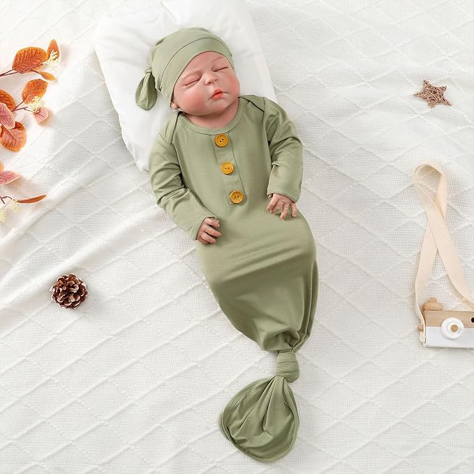 OPAWO Knotted Gown Baby Newborn Sleepers Baby Boy Coming Home Outfit, Bamboo Viscose Baby Gowns with Mitten Cuffs and Hat Set