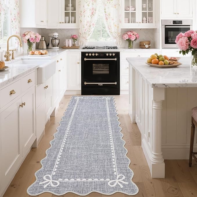 GarveeHome Scalloped Bow Rug for Living Room, Solid Grey Rug for Dorm, Washable Runner Rug 2.5x8 Soft Low Pile Non Slip Scalloped Rugs for Nursery Bedroom Decor Hallway Entryway Playroom