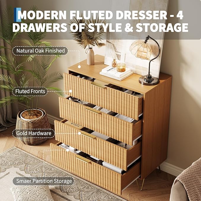 Garvee Fluted Dresser for Bedroom with 4 Drawers,32" Wide Modern Chest of Wooden Bedroom Chest with Metal Handle,Wide Clothes Storage Organizer,Closet Dresser & TV Stand for Living Room,Natura Oak