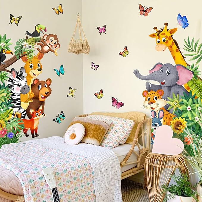 Jungle Forest Animals Wall Decals Animal Door Sticker Removable Reusable Peel Stick Elephant Lion Zebra Giraffe Safari Mural Art Nursery Kids Room Baby Bedroom Playroom Daycare Living Room