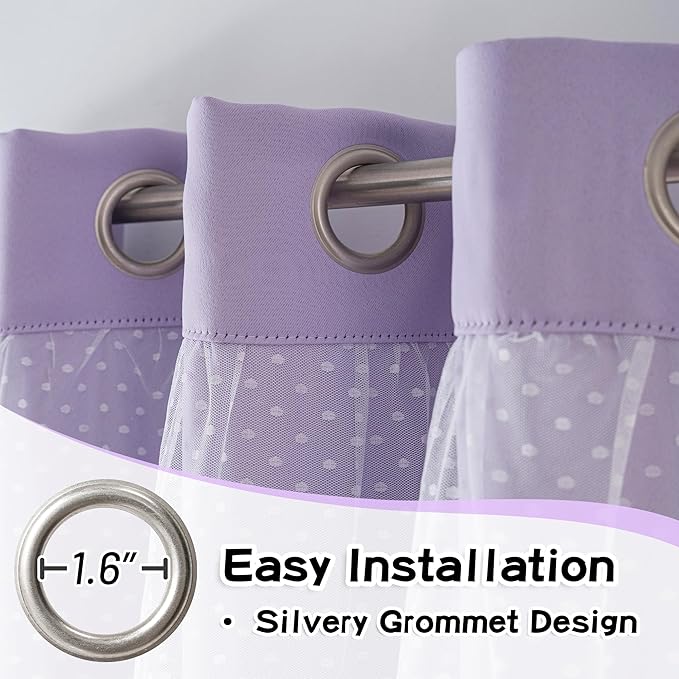 MYSKY HOME Cute Lilac Curtains for Girls Bedroom & Nursery Kids Purple Lavender Blackout Curtains 63 inch Long Double Layer with Polka Dots Sheer, Grommet Tops, 52" Wide, 2 Panels