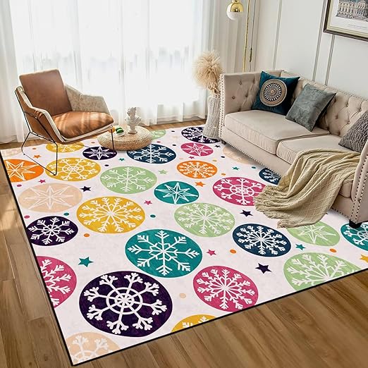 Christmas Rug Winter Stars Area Rugs for Bedroom Dorm Living Room White Bohemian Snowflakes Throw Rug Floor Mat Pad Doormat Carpet, 6' x 9'(180 x 275cm)