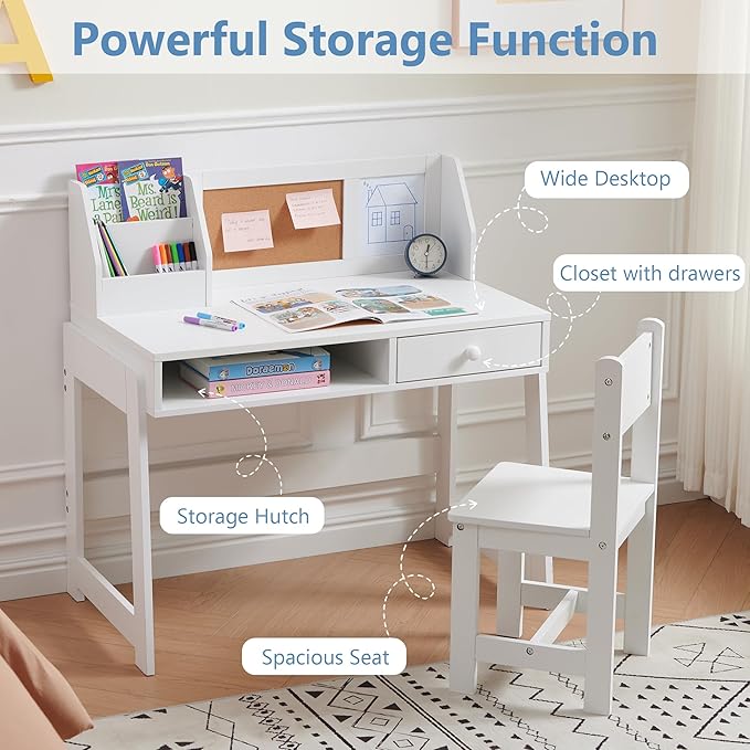 Kids Study Desk and Chair Set, Student Table and Chair Set with Storage Shelf, Wooden Kids Desk with Hutch, Children Writing Table for Home School