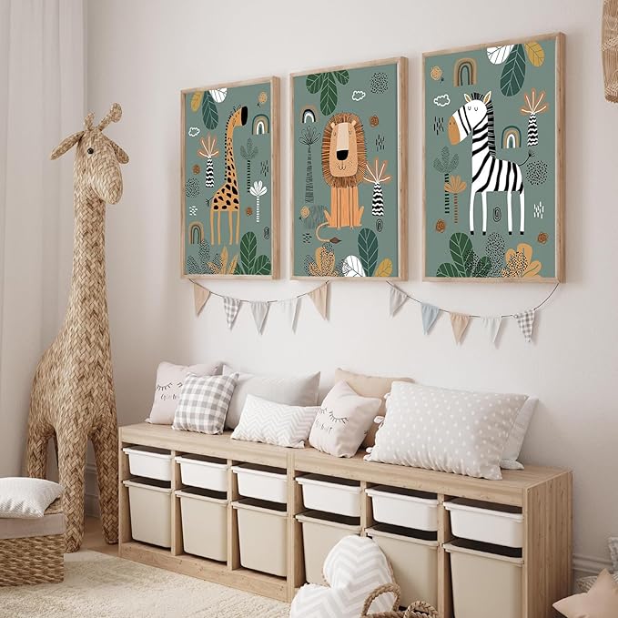 Boho Animal Wall Art Prints for Nursery & Kids Room - 3-Piece Set of Cute Wildlife Decor (Giraffe/Lion/Zebra), Vintage Style Wall Decorations, 12x16 inch Unframed, Adds Warmth & Vibrancy to Bedroom/Home