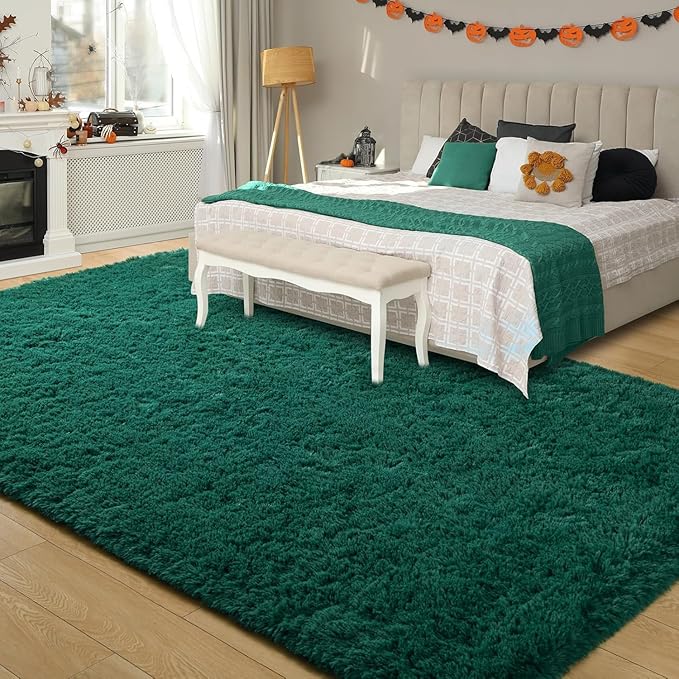 Merelax Soft Modern Indoor Shaggy Area Rug for Bedroom Livingroom Dorm Kids Room Home Decorative, Non-Slip Plush Fluffy Furry Fur Rugs Comfy Nursery Accent Floor Carpet 5x8 Feet, Deep Green