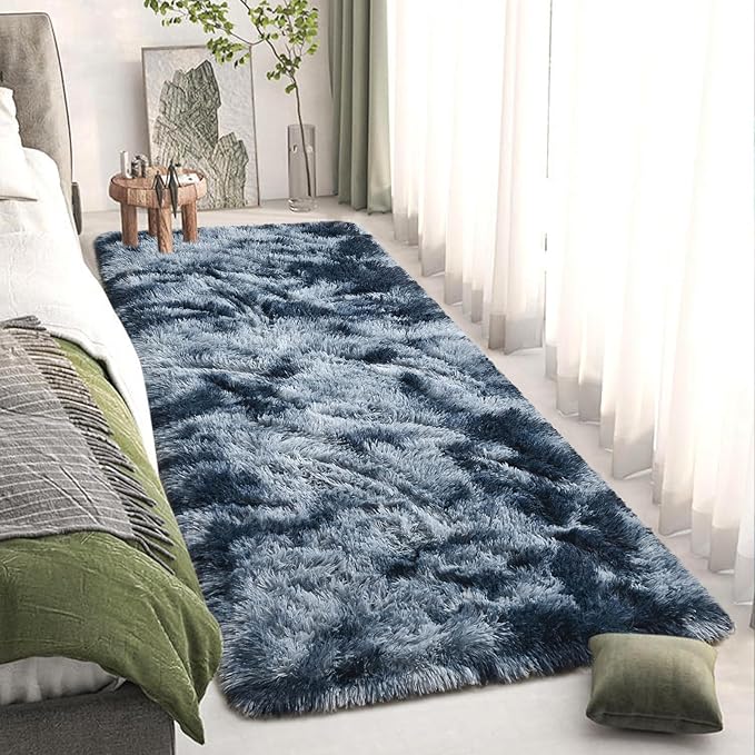 DweIke Fluffy Blue Grey Runner Rugs for Bedroom, 2x6 Feet Soft Plush Long Runners for Girls Boys Kids, Non-Slip and Machine Washable Bedside Rug, Small Throw Carpet for Hallway Rooms Decor