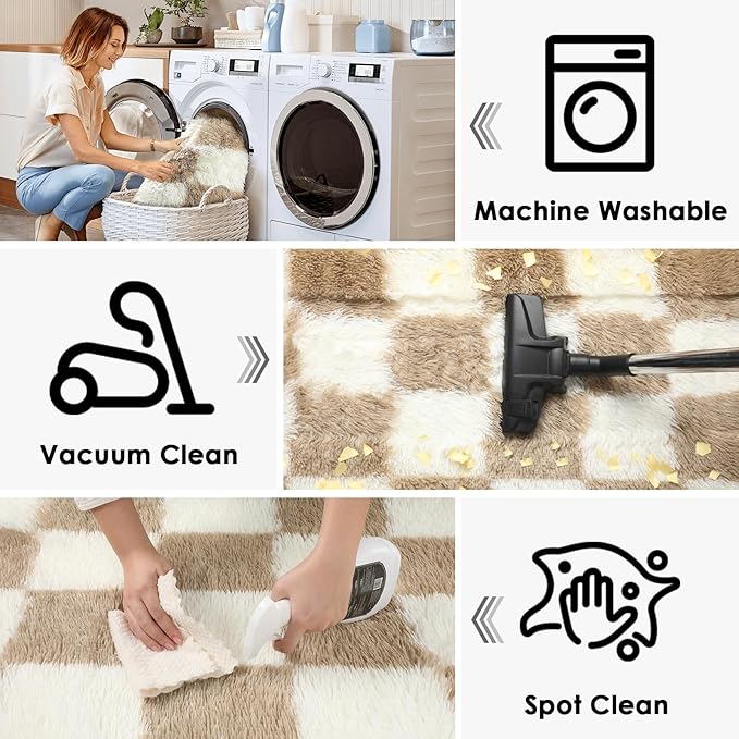 KICMOR Living Room Rug 7x9 Area Rug, Large Fluffy Shag Shaggy Fuzzy Checkered Bedroom Carpet, Beige and Cream White Big Indoor Soft Plush Rugs for Kids Boys Girls Dorm Nursery Home Decor Aesthetic