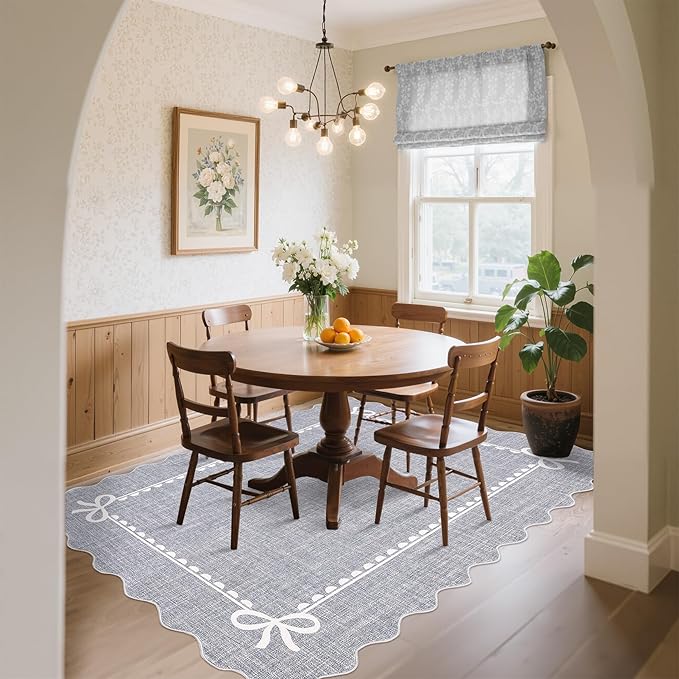 GarveeHome Scalloped Bow Rug for Living Room, Solid Grey Rug for Dorm, Washable Rugs 8x10 Soft Low Pile Non Slip Scalloped Rugs for Nursery College Bedroom Decor Kids Room Playroom