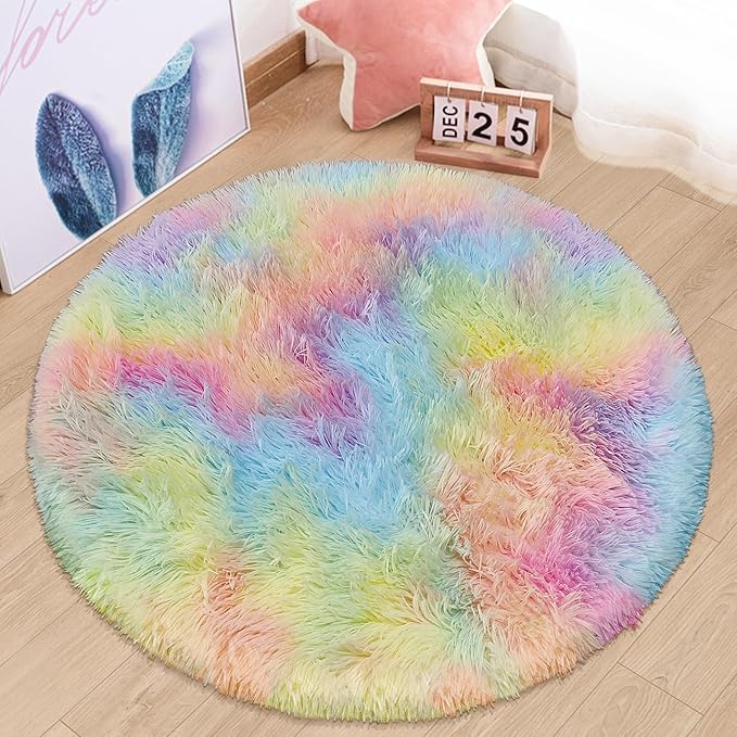 Rainbow Fluffy Round Area Rugs 3Ft Kids Rugs for Girls Bedroom, Soft Unicorn Rug Small Round Carpet Plush Shaggy Circle Rug Pink for Girls Room Nursery Baby Playroom Unicorn Home Decor