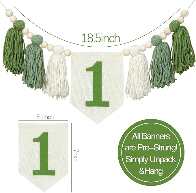 Green Wild One 1st Birthday High Chair Banner First Highchair Banner For Baby Boys Handmade Wall Hangings Boho Wood Bead Tassel Garland 1 Birthday Party Decorations Photoshoot Props Photo Props