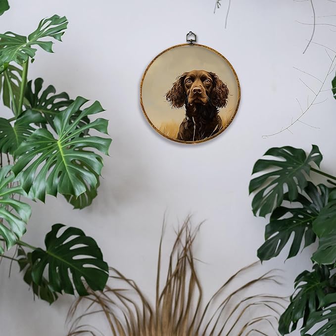 Hiuwevt English Cocker Spaniel Round Wall Art Decor, Rustic Hunting Dog Framed Canvas Prints, Cocker Spaniel Gifts Round Wall Hanging Decor for Home Bedroom Living Room Decorations, 10x10 Inches