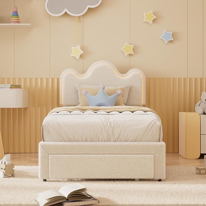 Twin Upholstered LED Bed Frame with Storage Drawers Girls Bed with Flower Headboard Boucle Princess Platform Bed Frame for Kids/Girls Strong Wood Slat Support,No Box Spring Needed,Easy Assembly