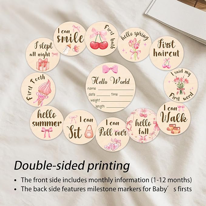 Baby Monthly Milestone Cards Sign - 13 Pcs Double Sided Baby Announcement Signs Bow, Pink Bow Wooden Milestone Circles Discs for Photo Props, Birth Announcement Marker Girl, Babies Welcome Card Gift