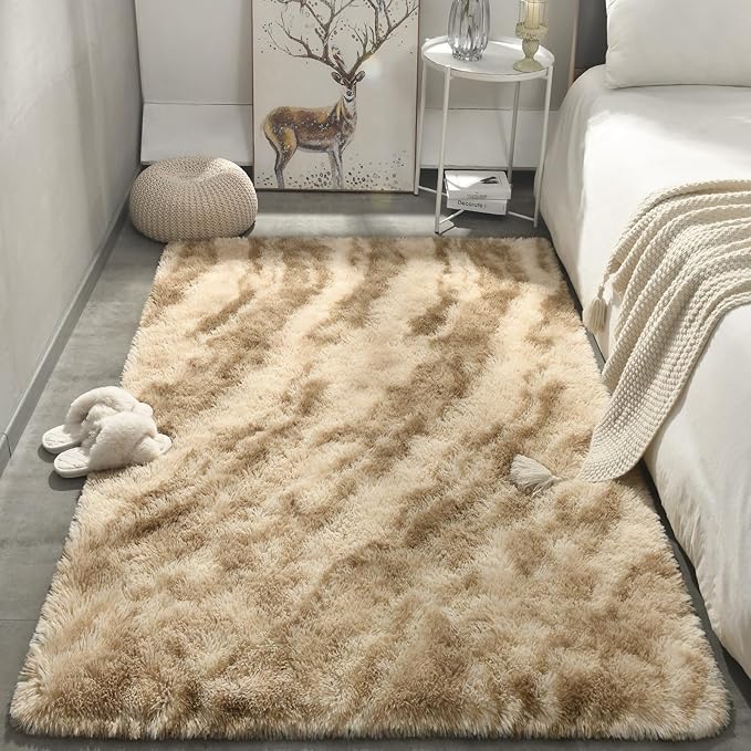 Merelax Area Rugs for Living Room Bedroom, Machine Washable 4x6 Feet Soft Fluffy Shaggy Bedside Rug, Indoor Floor Carpet for Kids Dorms, Nursery Rooms, Playroom, Home Decor Aesthetic, Beige/Brown