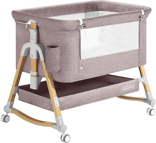 HARPPA Cuddly Bassinet, 3 in 1 Baby Bassinet, Rocking Bedside Bassinet with Wheels, 5 Height Adjustable, Includes Mosquito Net, Mattress, Anchor Strap
