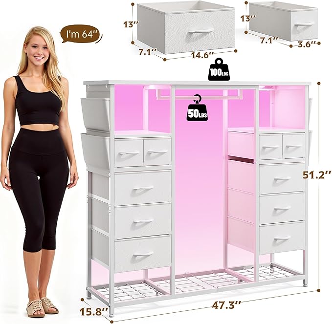 51.2" H White Dresser with Hanging Rack, 10 Drawers Dresser for Bedroom, Fabric Chest of Drawers with LED Lights & Charging Station, Wooden Top & Sturdy Frame, White