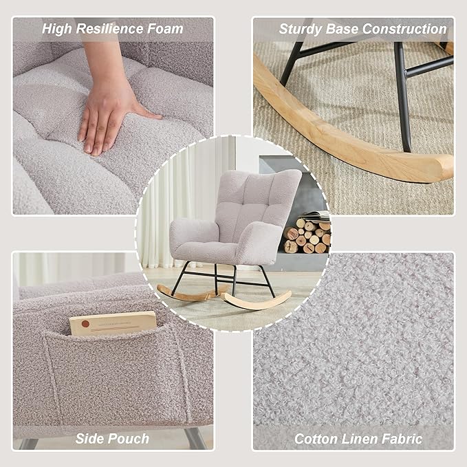 Nursery Rocking Chair Teddy Upholstered Glider Rocker Rocking Accent Chair with High Backrest Armchair Comfy Side Chair for Living Room, Bedroom, Offices (Light Gray)