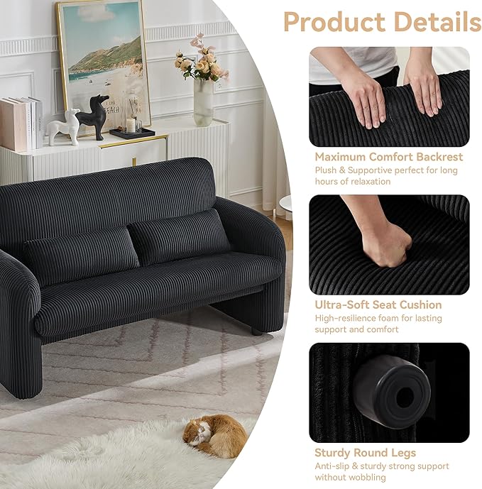 56'' Corduroy Loveseat Sofa, 2 Seater Love Seat Couch for Small Space, Comfy Upholstered Modern Leisure Loveseat Couches with Lumbar Pillows for Bedroom, Office, Living Room, Black