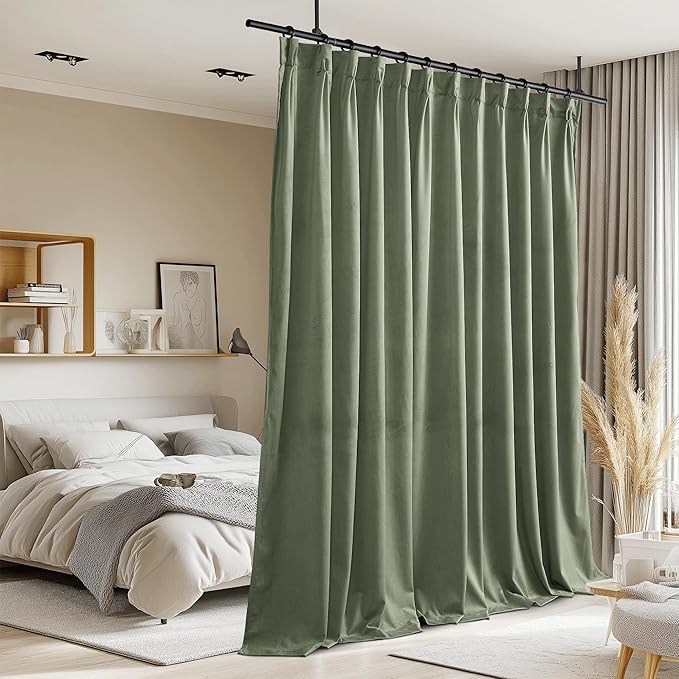 StangH Pinch Pleated Sage Green Velvet Curtains for Sliding Door, Extra Wide Light Reducing Privacy Room Divider Super Soft Back Tab Energy Efficient Drapes for Bedroom, W72 x L84, 1 Panel