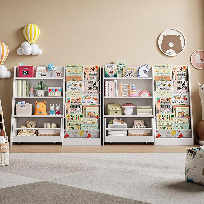 IRONCK Kids Bookshelf and Toy Storage, 42" Wide Large Toddler Bookshelf with Movable Drawer and 5 Sling Pockets, Montessori Book Shelf for Kids Rooms, 2 Pack