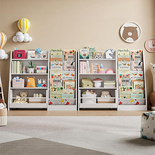 IRONCK Kids Bookshelf and Toy Storage, 42" Wide Large Toddler Bookshelf with Movable Drawer and 5 Sling Pockets, Montessori Book Shelf for Kids Rooms, 2 Pack