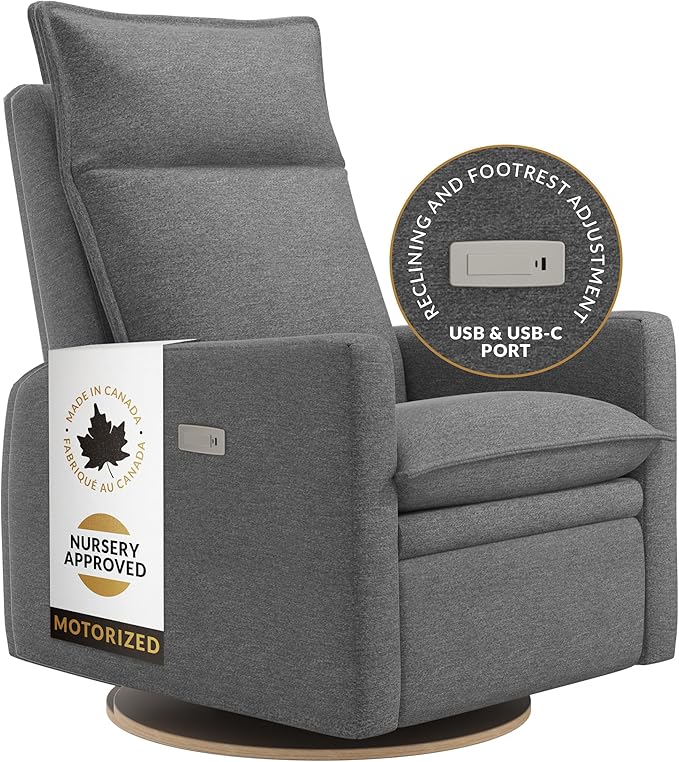 Arya Modern Nursery Chair Glider Recliner with 180° Swivel - Cozy Motorized Reclining Nursing Chair with USB Ports, Gentle Motion, Ergonomic Design, Canadian-Made (Charcoal/Nexus Fabric)