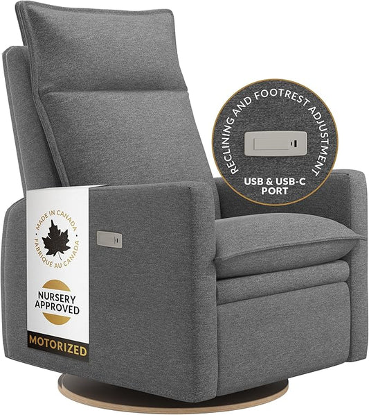 Arya Modern Nursery Chair Glider Recliner with 180° Swivel - Cozy Motorized Reclining Nursing Chair with USB Ports, Gentle Motion, Ergonomic Design, Canadian-Made (Charcoal/Nexus Fabric)