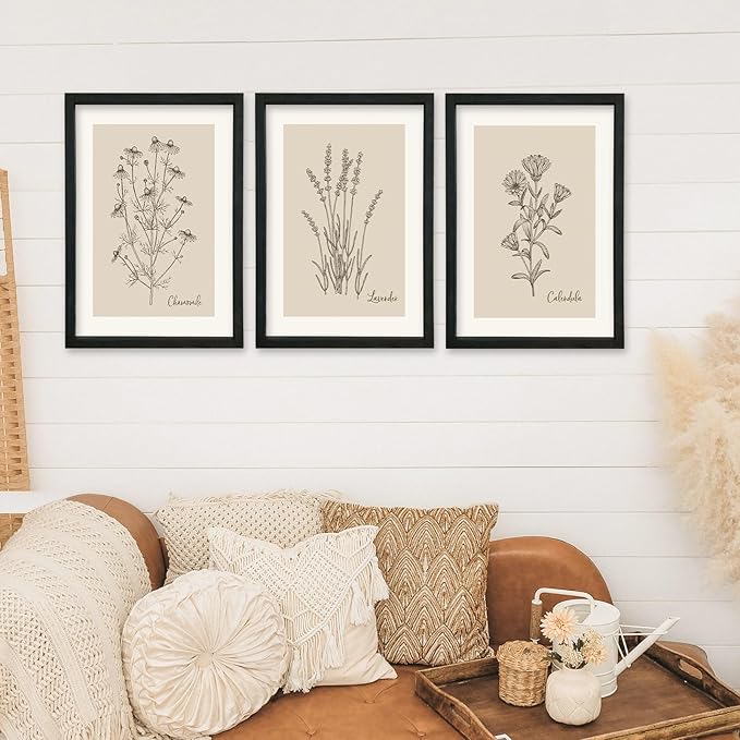 YWJKWLGS Vintage Botanical Wall Art 11x16 Inch Set Of 3 Wooded Framed Minimalist Rustic Wildflower Pictures Floral Sign Bedroom Wall Hanging Decor (Black)