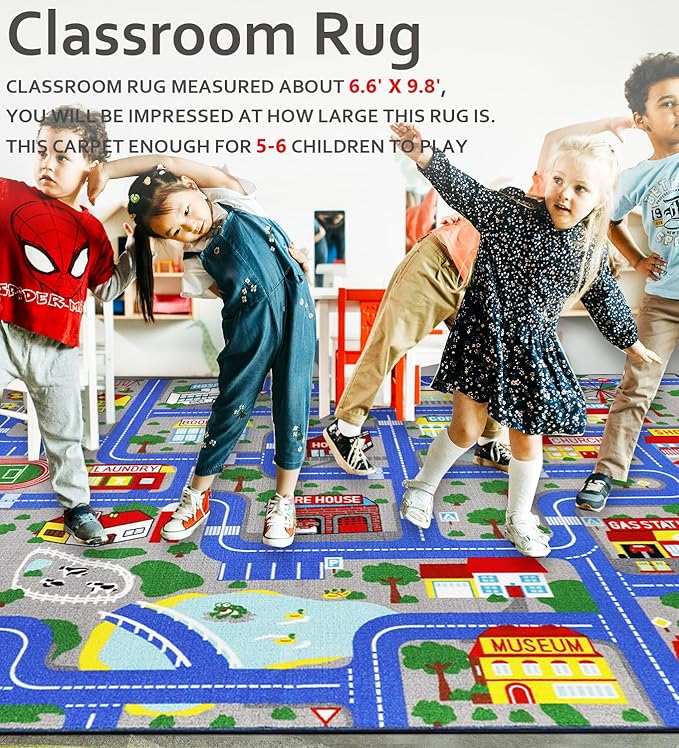 Kids Carpet Playmat Rug 6'6''x9'8'', Kids Rugs for Bedroom, Non-Slip Town City Road Map Car Rugs for Kids Toy Cars, Track Carpet Play Rug for Playroom Classroom Decor (Blue)