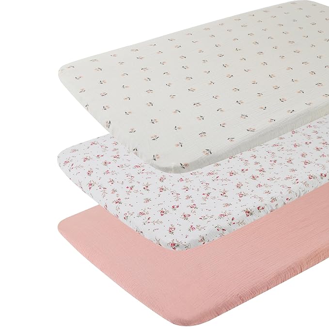 Onacosht Muslin Bassinet Sheets 3 Pack, 100% Cotton Baby Fitted Sheet 33" x 19" Compatible with Mika Micky, KoolaBaby (3 in 1), BabyBond, HARPPA and RICUTON Bedside Bassinet, Solid Pink and Floral