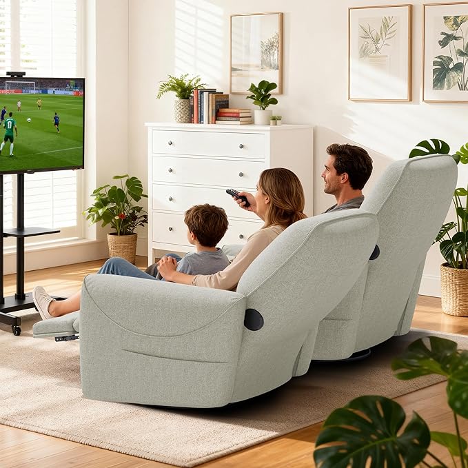 KINGYES Nursery Rocking Chair, Glider Rocking Chair for Nursery, 270° Swivel Glider, Bluetooth Speaker & USB-C Port, Fabric Nursery Recliner Sofa, Gray